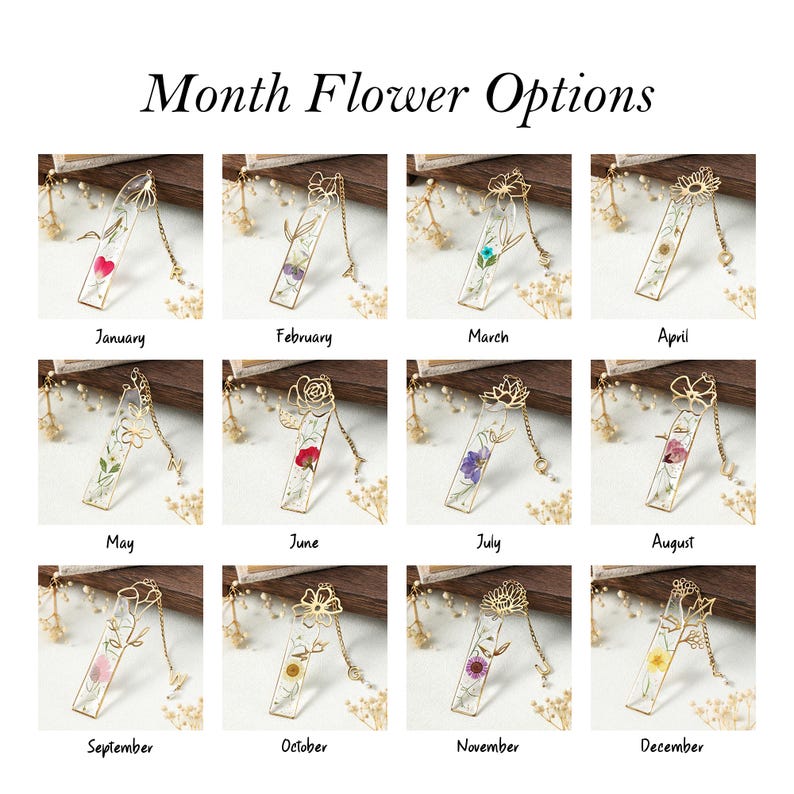 Puede incluir: Una colecci&oacute;n de doce marcap&aacute;ginas florales, cada uno representando un mes. Cada marcap&aacute;ginas presenta una flor prensada encapsulada en resina transparente, con detalles met&aacute;licos dorados y una cadena. El texto "Month Flower Options" est&aacute; en la parte superior.