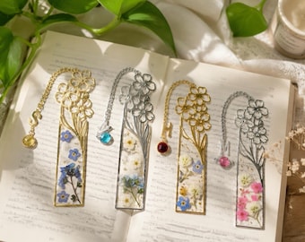 Personalized Birth Flower Bookmark with Real Pressed Flowers,Engraved Initial Charm, Book Lover &back to school Gift