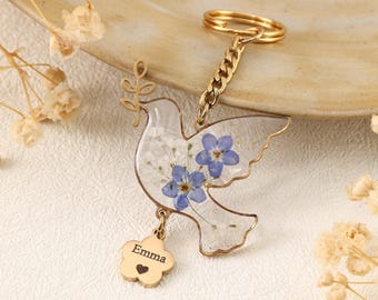 Personalized Peace Dove Keychain, Custom Name Pressed Flower Charm, Encouragement Gift, New Beginnings Fall Gift for Women