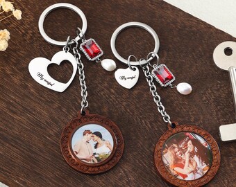 Personalized Couple Photo Keychain, Engraved Valentine Gift with Birthstone, Anniversary Gift for Him Her