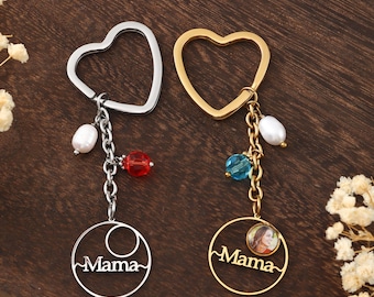 Personalized Mama Photo Keychain, Custom Mom Birthstone Keychain with Pearl, Mother's Day Gift for Mom