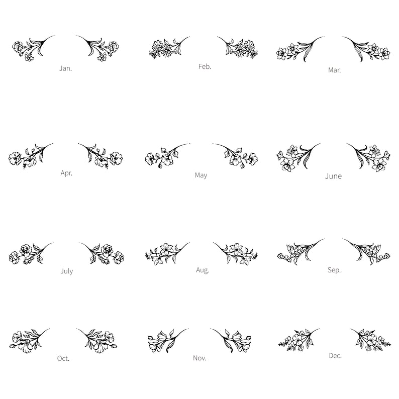 May include: A collection of twelve black line art floral illustrations, each representing a month of the year from Jan. to Dec. Each entry features a pair of mirrored botanical sketches with delicate stems, leaves, and blossoms arranged horizontally.