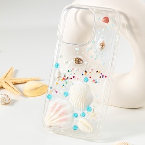 Ocean Seashell Resin iPhone Case, Handmade Shell & Bead Phone Cover, iPhone 13/14/15/16 Pro Max Case, Gift for Her, Summer Beach Gift Idea