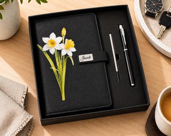 Personalized Birth Flower Journal Set, Custom Name Notebook with Pen & Gift Box, Birthday Christmas Gift for Daughter, Writer, Teacher  Gift