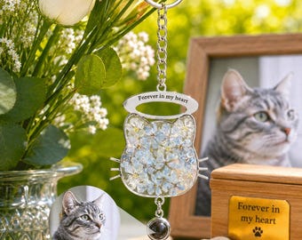 Custom Cat Memorial Keychain, Pet Remembrance Gift, Personalized Photo Keyring with Real Flower Resin, Loss of Cat Sympathy Gift