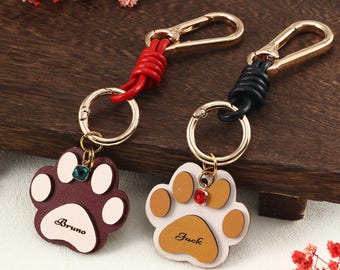 Engraving Name Dog Paw Keychain with Birthstone Charm, Pet Paw Print Keyring, Companion Gift for Dog Mom Dog Dad