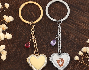 Personalized Baby Footprint Photo Keychain, Newborn Birthstone Locket, New Mom Baby Shower Gift