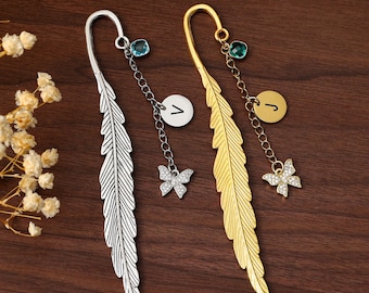 Personalized Birthstone Bookmark with Initial Charm, Custom Letter Bookmark, Feather Bookmark Gift for Her, Unique Birthday Gift