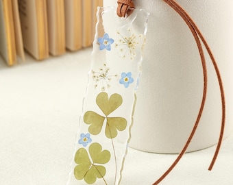 Clover Resin Bookmark with Real Dried Flowers, Handmade Nature Page Marker, Lucky Reading Gift