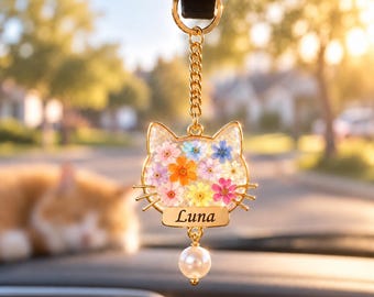 Personalized Cat Car Charm, Custom Pet Memorial Rearview Mirror Hanging, Dried Flower Resin Cat Lover Gift, Cat Mom Gift