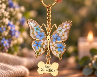 Personalized Pet Memorial Keychain, Engraved Dog Cat Name & Dates, Pressed Flower Butterfly Keepsake, Pet Loss Sympathy Gift