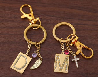 Custom Initial Birthstone Keychain, Angel Wing Charm Keychain, Cross Pendant Keyring, Birthday Gift for Her