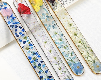 Custom Birth Month Flower Bookmark with Crystal & Forget-Me-Not, Personalized Initial Resin Bookmark, Memorial Gift