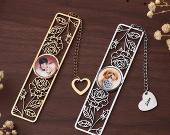 Personalized Photo Bookmark with Birth Month Flower, Custom Picture Bookmark, Floral Metal Bookmark Gift for Her, Gift with Name Charm