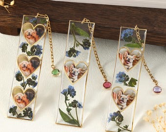 Custom Photo with Birthstone Memorial Bookmark, Real Pressed Flower Bookmark, Pet Lover Gift