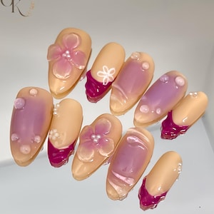 Reusable Luxury Floral Hand Painted Press On Nails Tropical Flower Fake nails Floral Fantasy Nail Art Boho Chic Style Acrylic Nails