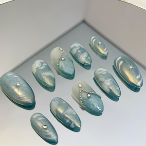 Dreamy Cloud Press On Nails, Blue Sky Fake Nails, Pearl Handmade Fake Fingernails, Korean Style Handmade Nails, Glue on Nails