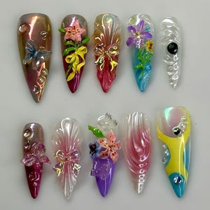 Fairycore Pastel Floral Press On Nails, Pastel Nature-Inspired Nail, Dreamy Iridescent Design, Butterfly 3D Nail Art, Premium Fake Nails