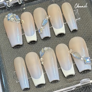 Elegant Ombre French Press On Nails with Rhinestones, White Glitter Coffin Nails, Bridal Luxury Stick On Nails, Handmade Glossy Fake Nails