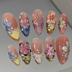 Tropical Glam Press-On Nails, Y2K Pastel Summer Nail Art, 3D Floral & Leopard Print Tips Fake Nails, Vacation Girly Handmade Nails,Girl Gift