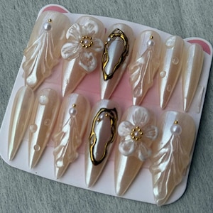 Pearl White 3D Flower Press On Nails | Elegant Bridal Nail Set | Handmade Glossy Long Nails | Luxury Wedding Nails | Iridescent Nail Art