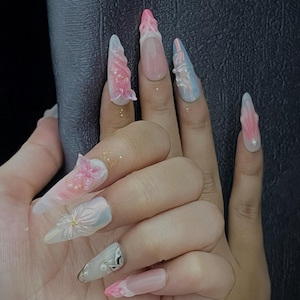 Fairycore Pink Chrome Nails, Sakura 3D Press On Nails, Pearl Jelly Fake Nails, Soft Glam Fantasy Nail Art, Handmade Holographic Nails