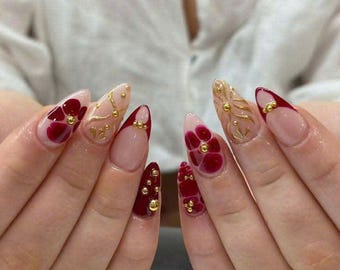 Luxury Red & Gold Press On Nails, Marble Wine Gel Art with Metallic Accents, Elegant Wedding Prom Event Spring Summer Nails, Elegant Nails