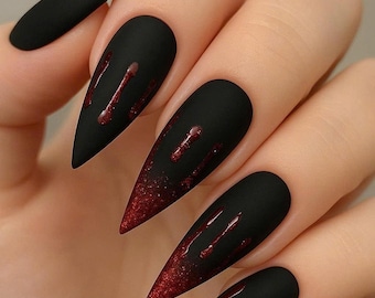 Vampire Blood Press on Nails, Bloody Horror Nail Art, Red Marble ...