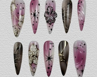 Pink Smoke Ombre Press On Nails | Black Starburst Nail Art | 3D Flower Accents | Dark Glamour Fake Nails | Long Stiletto Custom Set