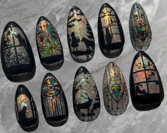 Stained Glass Fairy Tale Nails, Black Glitter Press On Nails, Gothic Princess Nail Art, Fantasy Window Design Nails