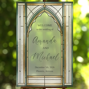 Wedding Welcome Sign Stained Glass Arch, Custom Acrylic Green and Gold Entrance Sign, Personalized Wedding Decor Ideas
