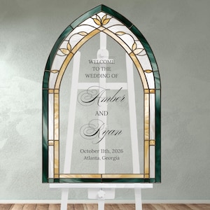 Wedding Welcome Sign Stained Glass, Custom Acrylic Green and Gold Entrance Sign, Personalized Wedding Decor Ideas