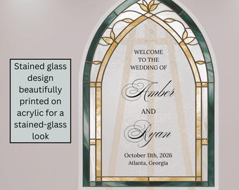 Wedding Welcome Sign Stained Glass, Custom Acrylic Green and Gold Entrance Sign, Personalized Wedding Decor Ideas
