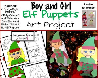 Boy Elf and Girl Elf Puppet Art Project - Color Your Own and Already Colored