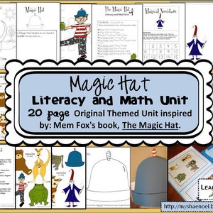 May include: A colorful printable educational unit for preschool and kindergarten students based on the book "The Magic Hat" by Mem Fox. The unit includes 20 pages of activities, games, and worksheets that focus on literacy and math skills. The unit features a variety of characters and themes from the book, including a magic hat, a kangaroo, a frog, and a bear.