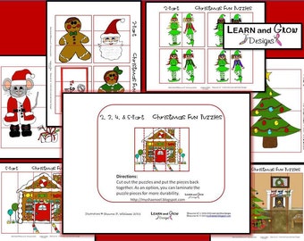 Printable Christmas Fun Puzzles for Children -2, 3, 4, and 5 Part