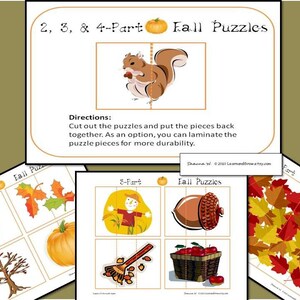Peut inclure: Puzzles d'automne imprimables en 2, 3 et 4 parties avec des images d'un &eacute;cureuil, des feuilles, une citrouille, un &eacute;pouvantail, un r&acirc;teau, un panier de pommes et un arbre. Les puzzles sont con&ccedil;us pour que les enfants puissent les d&eacute;couper et les assembler.