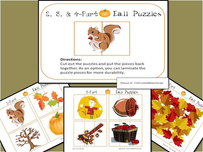 Peut inclure: Puzzles d'automne imprimables en 2, 3 et 4 parties avec des images d'un &eacute;cureuil, des feuilles, une citrouille, un &eacute;pouvantail, un r&acirc;teau, un panier de pommes et un arbre. Les puzzles sont con&ccedil;us pour que les enfants puissent les d&eacute;couper et les assembler.