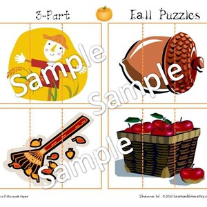 Peut inclure: Trois puzzles sur le th&egrave;me de l'automne en trois parties repr&eacute;sentant un &eacute;pouvantail, un gland et un r&acirc;teau avec des feuilles. Les puzzles sont imprim&eacute;s sur du papier blanc avec une bordure jaune. Le texte "3-Part" et "Fall Puzzles" est imprim&eacute; en haut de la page.