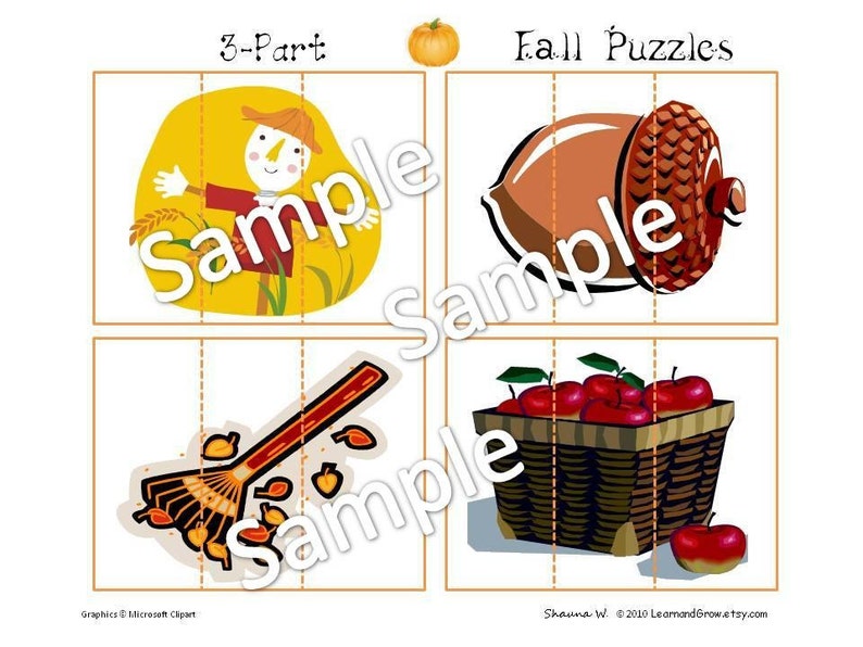Peut inclure: Trois puzzles sur le th&egrave;me de l'automne en trois parties repr&eacute;sentant un &eacute;pouvantail, un gland et un r&acirc;teau avec des feuilles. Les puzzles sont imprim&eacute;s sur du papier blanc avec une bordure jaune. Le texte "3-Part" et "Fall Puzzles" est imprim&eacute; en haut de la page.