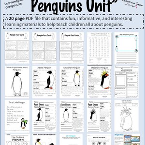 May include: A black and white printable penguin unit for teaching children about penguins. The unit includes fact cards, word searches, writing prompts, and colouring pages. The text "Let's Learn about Penguins Unit" is at the top of the page.