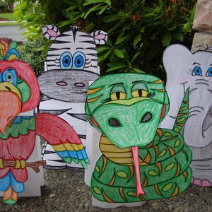 Parrot, Zebra, Viper Snake, and Elephant Paper Puppet Set of 4