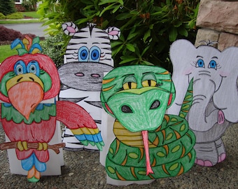 Parrot, Zebra, Viper Snake, and Elephant Paper Puppet Set of 4