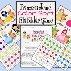 Op de afbeelding: Een printbaar mapspel voor kinderen met prinsessen en juwelen. Het spel bevat een omslagblad, spelborden en juwelenstukken. Het spel is ontworpen om kinderen te helpen kleuren en sorteren te leren.