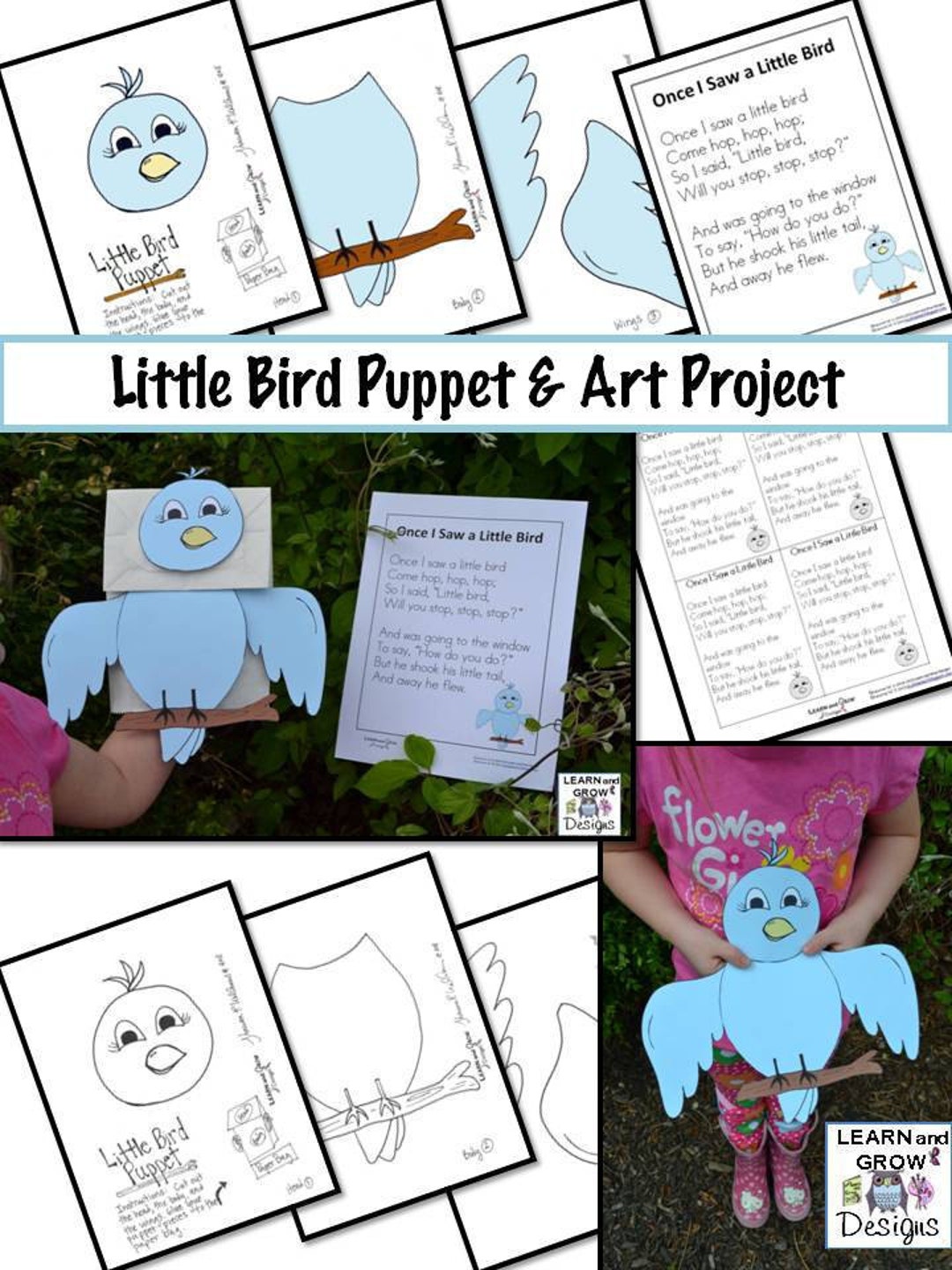 The Little Bird Printable Puppet black and White and Colored Version