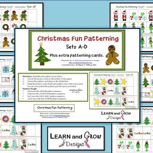 Puede incluir: Una actividad educativa imprimible con temática navideña para niños. La hoja de trabajo colorida presenta un hombre de jengibre, un árbol de Navidad, una media, un bastón de caramelo y una estrella. El texto en la hoja de trabajo dice "Christmas Fun Patterning Sets A-D Plus extra patterning cards."