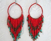 Beaded Tassel Large Dangle Drop Turquoise Red Bronze Bohemian Indian Summer Folk Ethnic Chunky Hoop Earrings Boho Hippie earrings