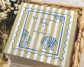 Servilletas personalizadas para baby shower con temática marina, servilletas "Nos vemos pronto", servilletas de cóctel para baby shower con temática costera, toallas de playa para invitados, detalles para bebés con temática oceánica