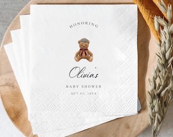 Personalized Teddy Bear Baby Shower Napkins,Custom Baby Shower Cocktail Napkins,Teddy Bear Guest Towels,Baby Shower Favor,Neutral Baby Decor