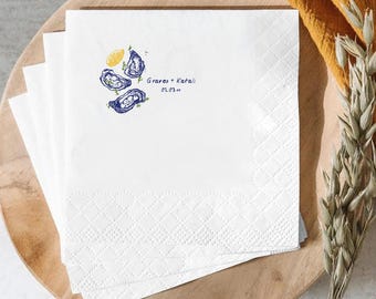 Personalized Oyster Wedding Napkins, Custom Coastal Cocktail Napkins, Seafood Beverage Napkins, Beach Wedding Guest Towels Favor